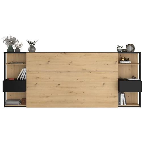 Tête de Lit avec étageres + chevets intégrés - Décor chene et noir - L 255 x P 36 x H 103 cm - WHITE