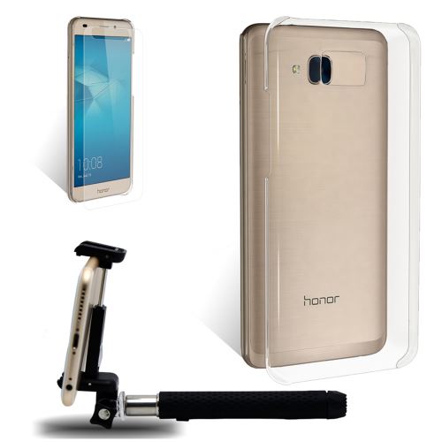 Coque de protection transparente pour HONOR 5C + Film protecteur verre trempé dédié + Perche à selfie Bluetooth Noire - Pack Exopack Fun 3en1