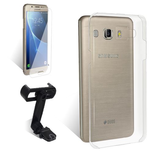 Coque de protection transparente pour SAMSUNG J5 2016 + Film protecteur verre trempé dédié + Support voiture - Pack Exopack Tranquillité 3en1