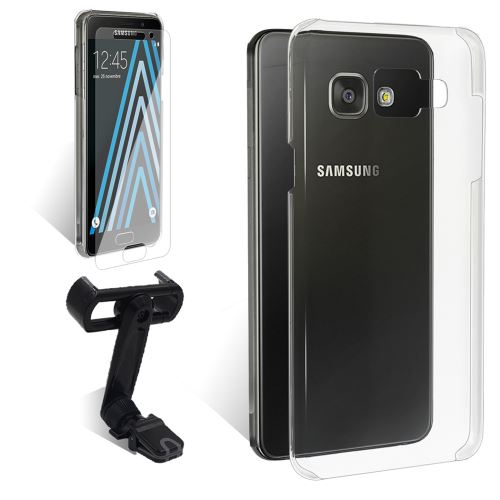 Coque de protection transparente pour SAMSUNG A3 2016 + Film protecteur verre trempé dédié + Support voiture - Pack Exopack Tranquillité 3en1