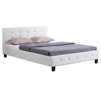 Lit double JOSY, 140 x 190 cm, capitonné avec sommier, revêtement synthétique blanc - 1