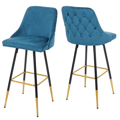 2x tabouret de bar MENDLER HWC-E70 design rétro velours pétrole pieds dorés