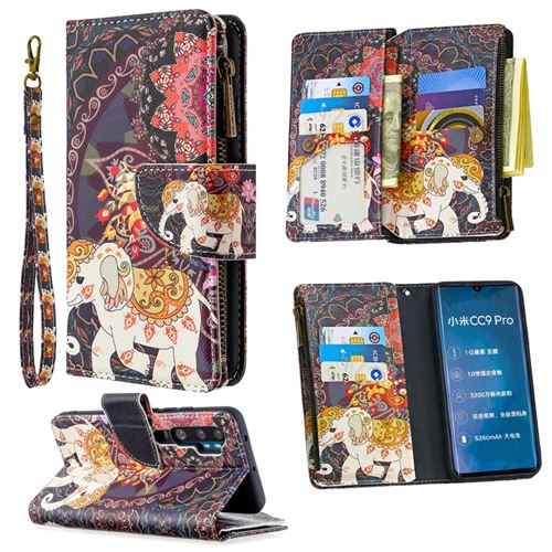 Etui en PU fermeture éclair à motifs avec support et plusieurs porte-cartes l'éléphant pour votre Xiaomi Mi CC9 Pro/Mi Note 10/Mi Note 10 Pro