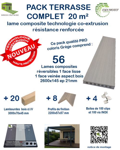 Pack complet 20 m² lame de terrasse Coex Protect® Grège - Green Outside - P20LTCE2600BEIG