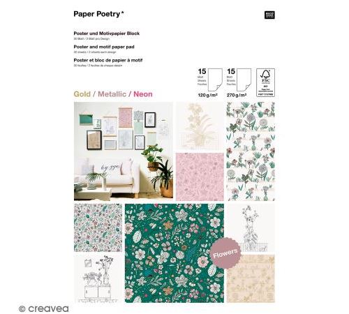 Bloc papier scrap A4 à motif - Gold, metallic - Néon - Hygge fleurs - 30 feuilles