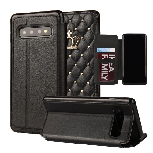 Etui en PU porte-couronne à piqûre losange avec fentes pour cartes de crédit noir pour votre Samsung Galaxy S10