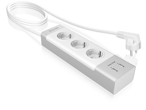 Icy Box #60012, IB-CB004-S Multiprise-rallonge avec 3 prises de courant/USB 2 Ports Argent/Blanc
