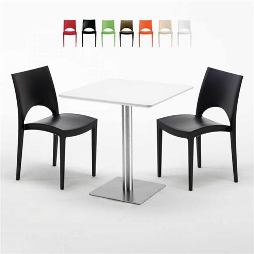 Table carrée blanche 70x70 avec pied en acier et 2 chaises colorées Paris Strawberry, Couleur: Noir