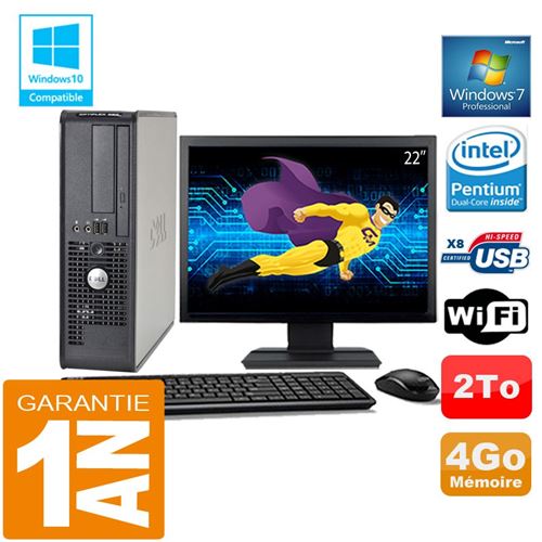 PC Dell 380 Sff Intel E5700 Ram 4Go Disque 2 To WiFi W7 Ecran 22'