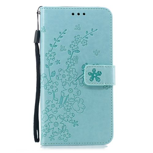 Etui en PU fleur de prunier cyan pour votre Samsung Galaxy J6 Plus