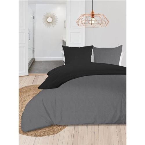 Soleil Docre Parure De Couette Bicolore - Coton Lave - 240 X 260 Cm - Gris Et Gris Anthracite