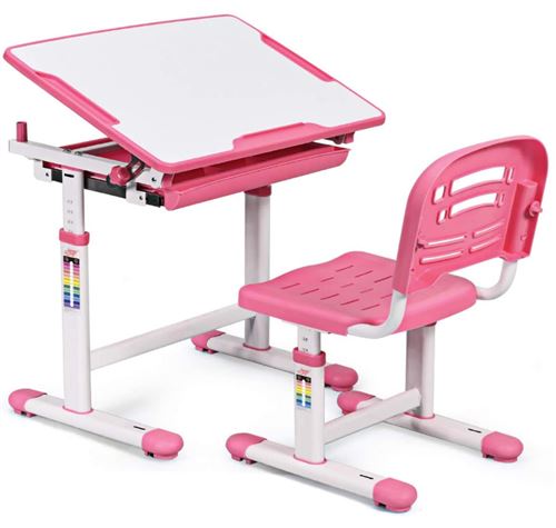 giantex Bureau Enfant Ensemble Table et Chaise pour Enfants Table à Dessin Ergonomique avec Tiroir Hauteur Ajustable Rose