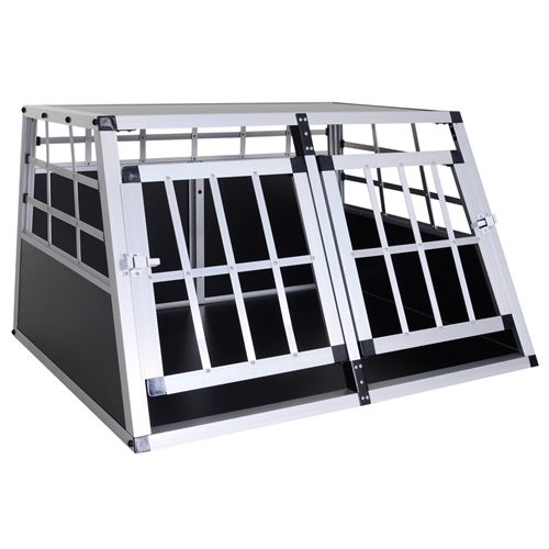 Cage de transport pour chien animaux aluminium XL caisse boîte box de transport voiture double porte forme trapeze 89,5 x 68,5 x 50 cm argent noir