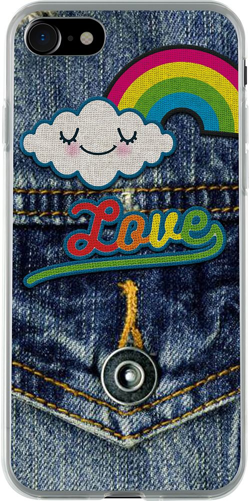 Coque semi-rigide couleur jean avec écusson Love pour iPhone SE (2020)/8/7/6S/6