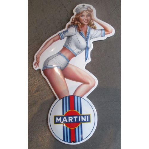 mini plaque emaillée pin up en habit de marin logo martini tole email deco garage bar diner