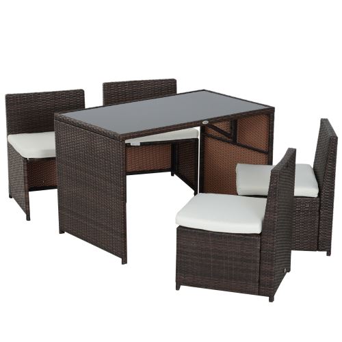 Outsunny Ensemble salon de jardin encastrable 4 chaises monoblocs avec coussins déhoussables et table résine tressée - vue 1