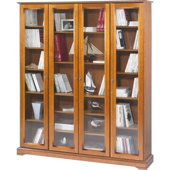 Bibliothèque 4 Portes Vitrées Merisier 18 Niches L 158.8 H 182.2 P 33 cm - L 158.8 x l 33 x H 182.2 cm - 1