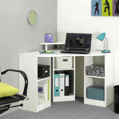 Bureau d'angle en bois blanc avec niche de rangement - BU6013