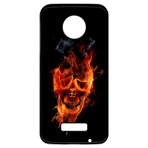 Coque My-Kase pour Moto Z - crane en feu fire skull - Plastique Noir