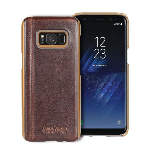 Etui en cuir véritable pierre cardin véritable cousu dos dur couché café pour votre Samsung Galaxy S8 Plus G955