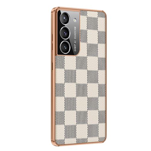Coque en Cuir Pour Samsung S22+ Frusde avec Motif de Grille Galvanoplastie Cadre Etui-Blanc