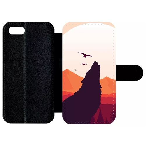 Etui My-Kase pour iPhone Se 2020 - loup la pleine lune - Simili-cuir Noir