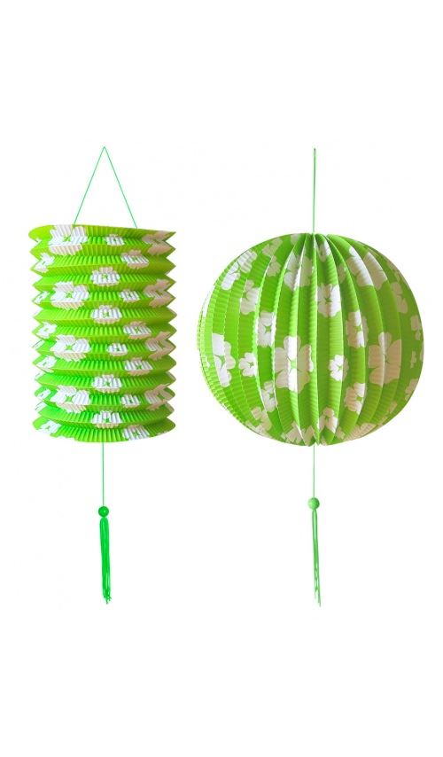 Lanterne Et Boule En Papier Vertes Fleurs Blanches