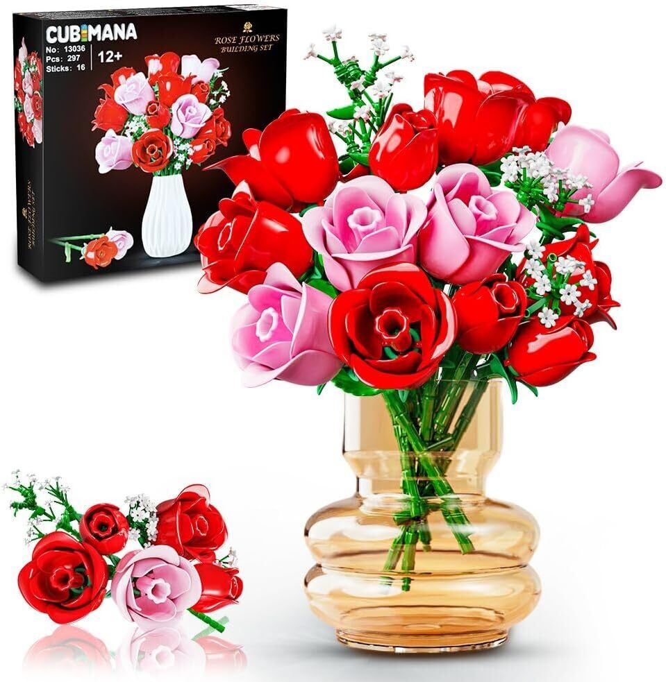 CUBIMANA Ensemble de Construction Bouquet de Fleurs avec Lumière 16 Jouet de Fleurs Roses Artificielles, Décoration d'Intérieur, Cadeau Saint-Valentin et la Fête des Mères