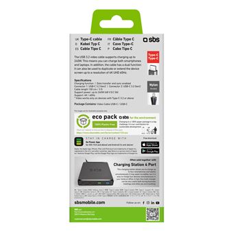 Câble données & recharge USB-C - USB-C 100W avec lecture vidéo-SBS