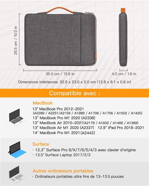 Housse PC Portable GENERIQUE Inateck Housse 13-13,3 Pouces Compatible avec  MacBook Air/MacBook Pro 13 M2/M1 2022 2021-2018, MacBook Pro 14 Pouces M3  2023, Surface Pro