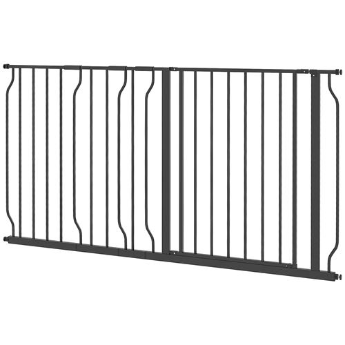 Meilleurs prix pour Barrière de sécurité animaux - longueur réglable dim. 75-145 cm - porte double verrouillage, ouverture double sens -sans perçage - acier ABS noir