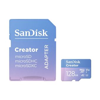 SanDisk Creator - Carte mémoire flash (adaptateur microSDXC vers SD inclus(e)) - 128 Go - A2 / Video Class V30 / UHS-I U3 - microSDXC UHS-I