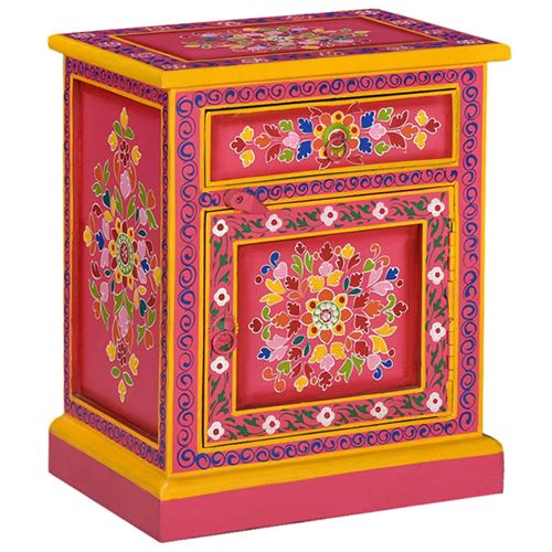 vidaXL Table de Chevet Table de Nuit Armoire de Chevet Armoire de Lit Chambre Maison Intérieur Rose Peinture à la Main Bois de Manguier Massif