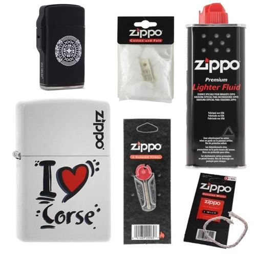 Pack complet Briquet Zippo J'aime la Corse avec mèche essence coton et pierres