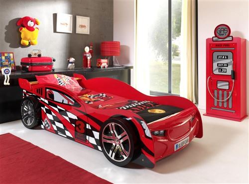 Lit 90x200 Night Speeder sommier inclus et Armoire 1 porte pompe à essence Car Beds - Rouge