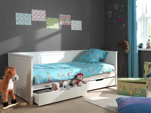 Vipack PINO Lit banquette Blanc en pin massif 90x200cm avec sommier + 2 tiroirs