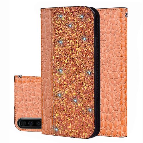 Etui en PU épissage de paillettes pailletées crocodile orange avec support et porte-cartes pour votre Samsung Galaxy A70