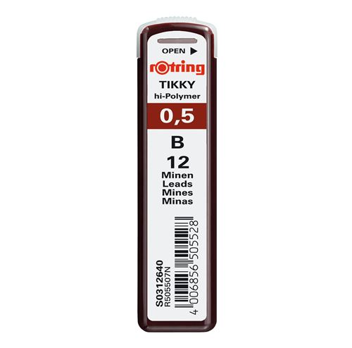 Rotring Tikky Recharge Mines Pour Porte-Mines, 0,5 Mm - B, Étui De 12 Mines