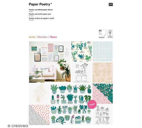 Bloc papier scrap A3 à motif - Gold, metallic - Néon - Hygge plantes et cactus - 20 feuilles