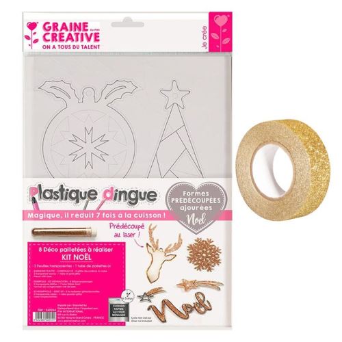 Kit plastique dingue Décorations de Noël + masking tape doré à paillettes 5 m