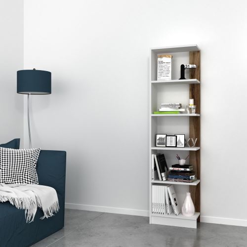 HOMEMANIA Pupis Boekhandel- Plank, Meubilair - met planken - van Woonkamer, Kantoor - Wit, walnoot in hout, PVC, 45 x 22 x 170 cm