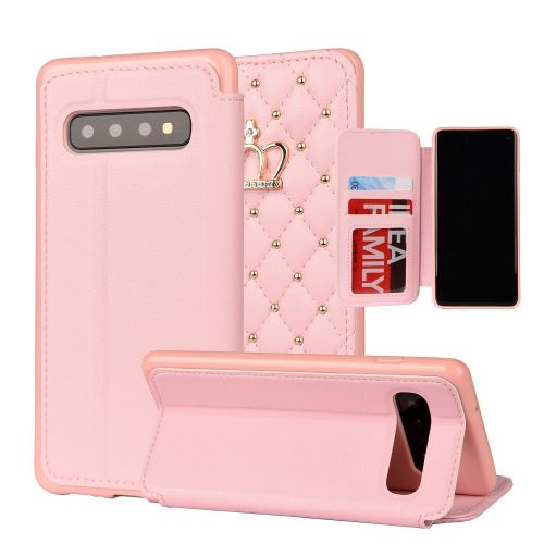 Etui en PU porte-couronne à piqûre losange avec fentes pour cartes de crédit rose pour votre Samsung Galaxy S10