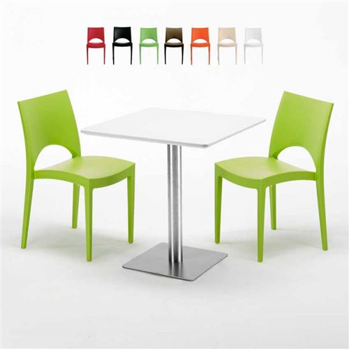 Table carrée blanche 70x70 avec pied en acier et 2 chaises colorées Paris Strawberry, Couleur: Vert