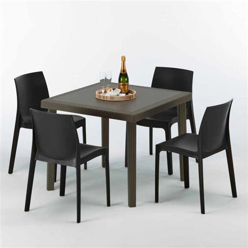 Grand Soleil - Table carrée et 4 chaises colorées Poly-rotin résine 90x90 marron, Chaises Modèle: Rome Anthracite noir