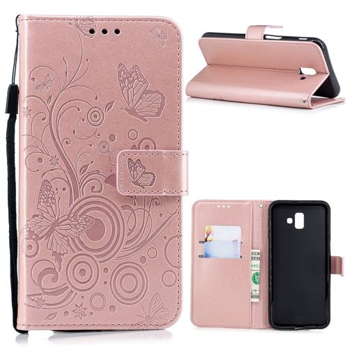 Etui en PU papillon fleur flip or rose pour votre Samsung Galaxy J6 Plus