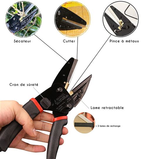 Sécateur de Jardin – Sécateur à Lame Multifonctions : Cutter, Taille haie, Branche et brindilles - sécateur professionnel avec 3 Lames en Acier de rechanges inclues - Bravo Alfred