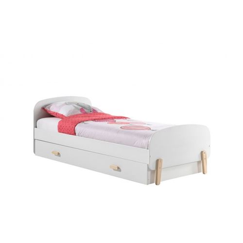 Vipack KIDDY Lit simple en bois laqué et brut et sommier 90x200cm Blanc + Lit gigogne