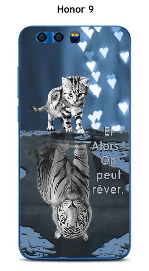 Coque TPU gel souple Honor 9 design Chat Tigre Blanc fond bleu noir Et Alors !