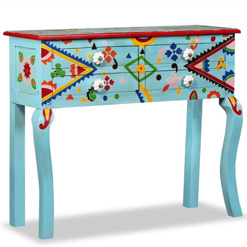 vidaXL Table console Bois de manguier massif Bleu peint à la main