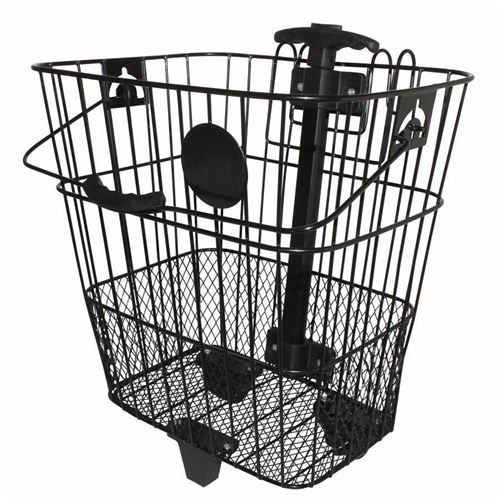 Panier avant-arriere acier fil p2r noir avec anse fixation par crochet sur porte bagage (lg35xl26xh35) et poignee pliable